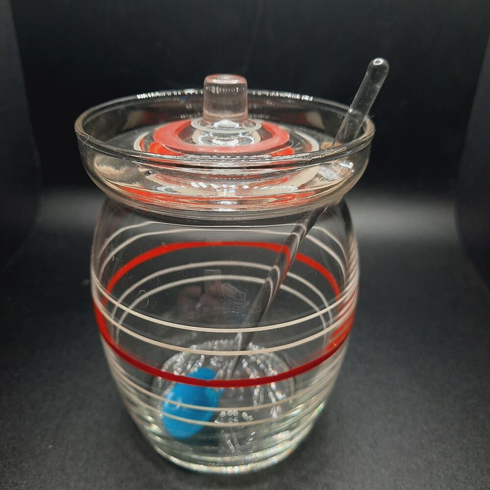 Vintage Mid-Century Red & White Striped Honey Jam Jar Pot Lid Glass Spoon - Picture 9 of 10